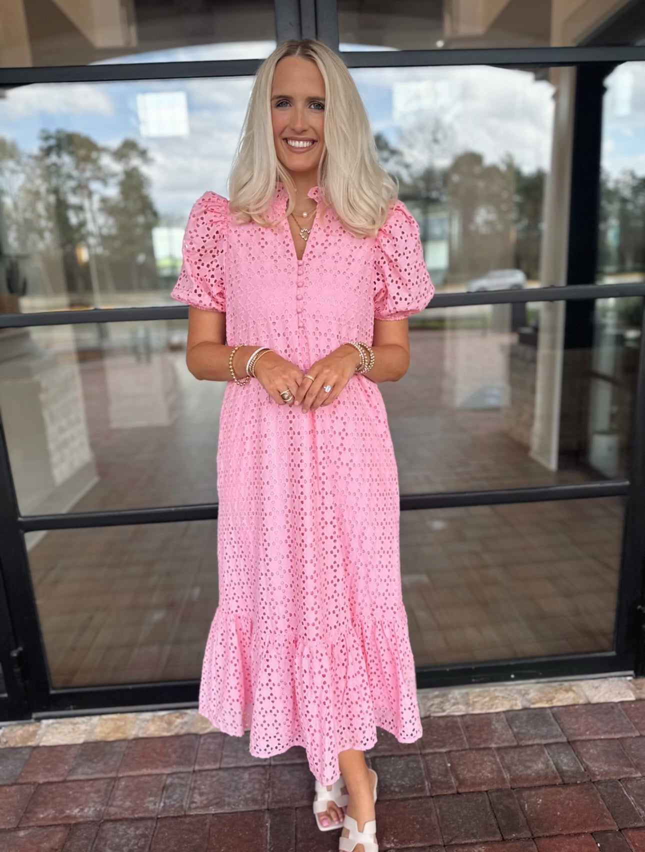 pink eyelet maxi dress – Dear Darlin gold metallic wedding sandals Lime Green Crepe Halter Style:Dress + Overskirt