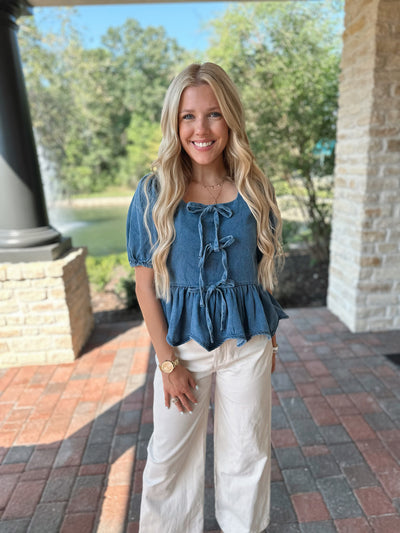 Denim Bow Peplum Top