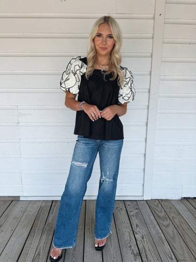 Black Ruffle Sleeve Top