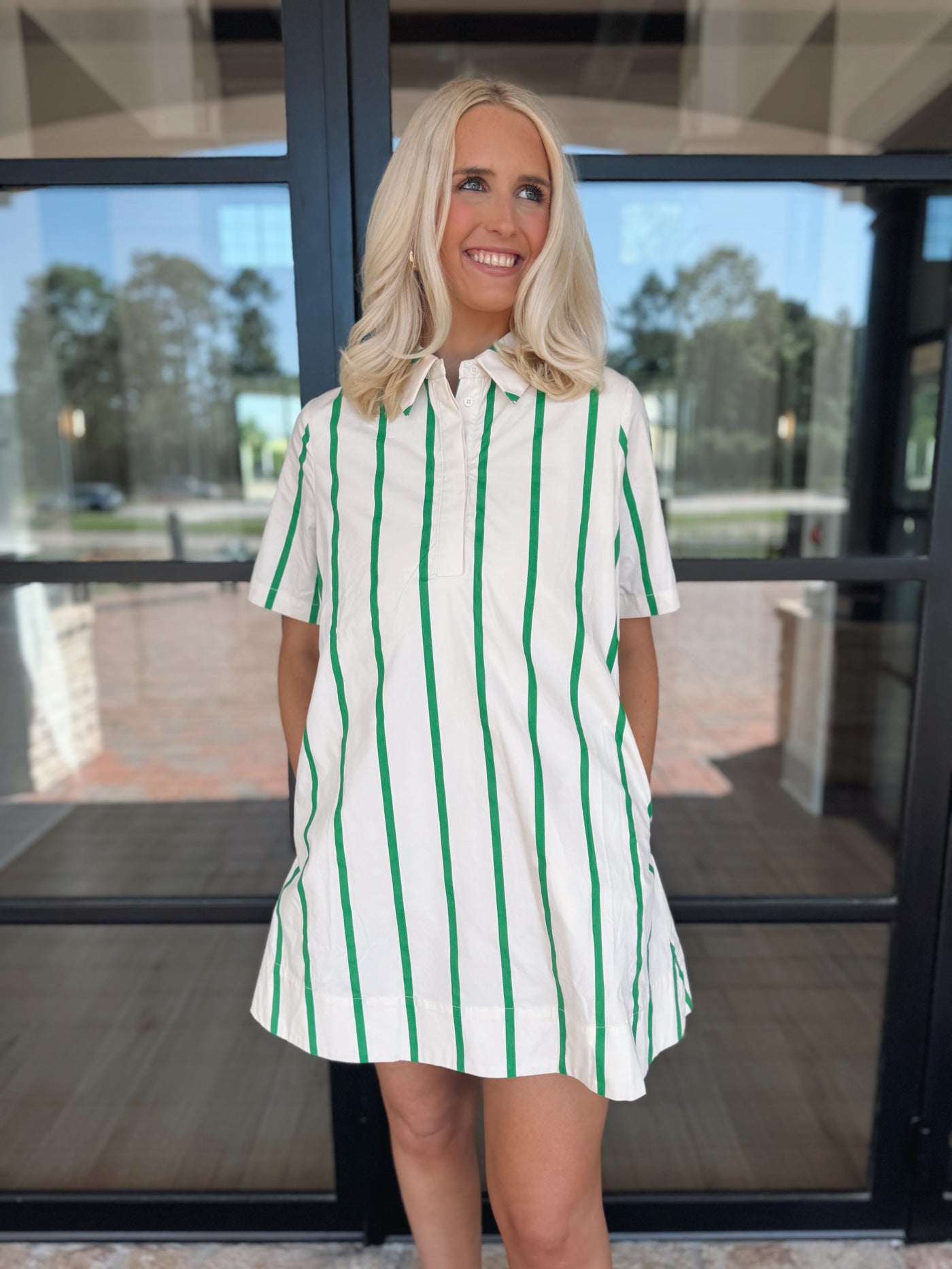 White Flare Dress - Green Stripes