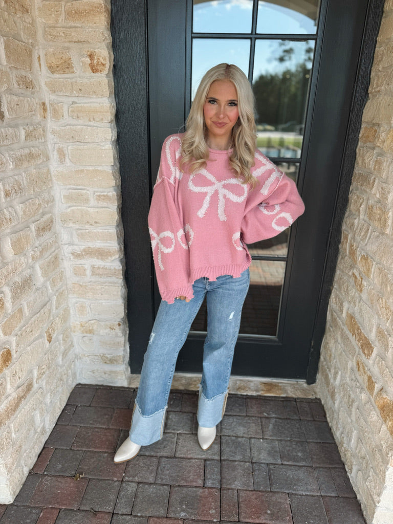 Dusty Pink Pearl Bow Sweater