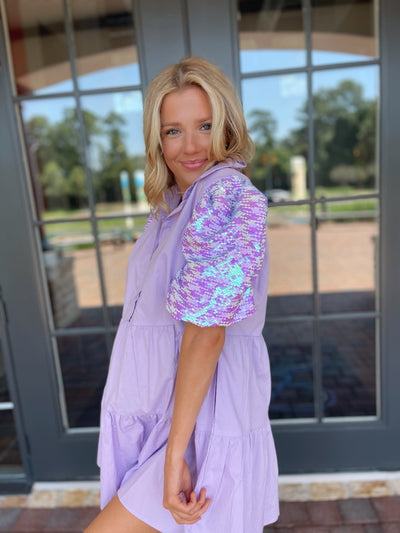 Purple Sequin Puff Sleeve Dress