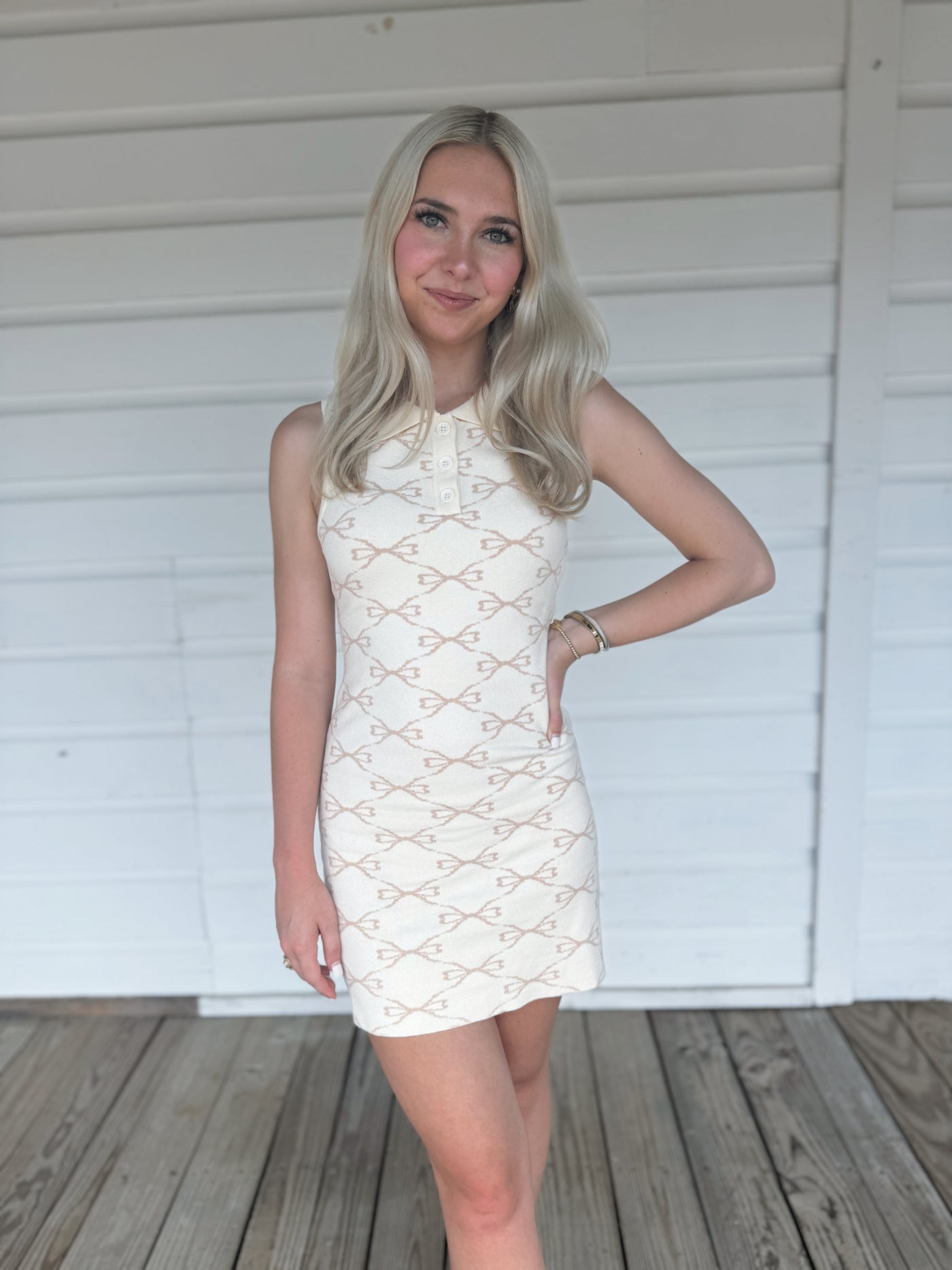 Bow Beige & White Sweater Mini Dress