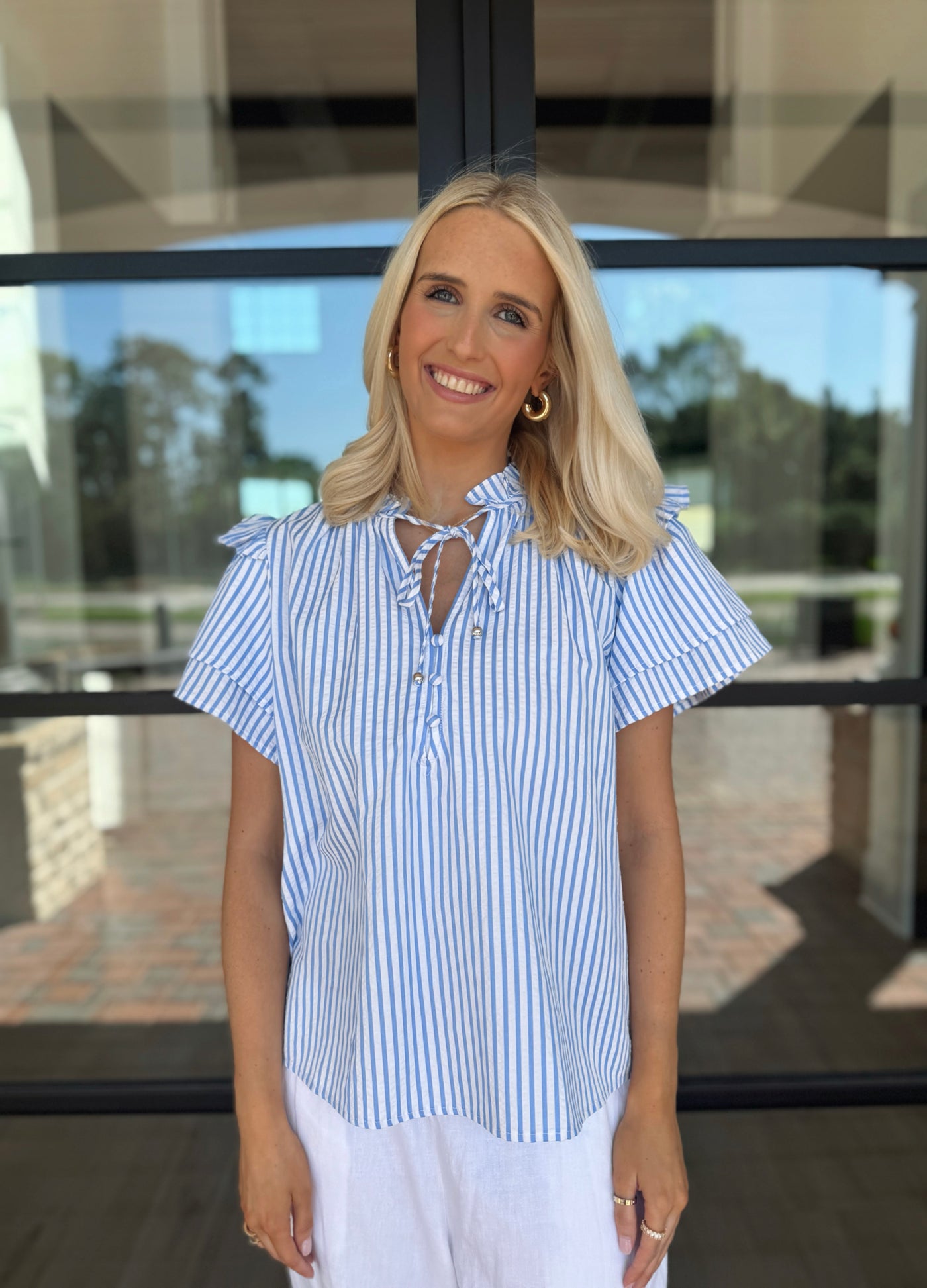 Blue Striped Ruffle Tie Top