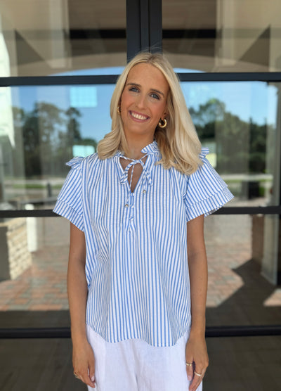 Blue Striped Ruffle Tie Top