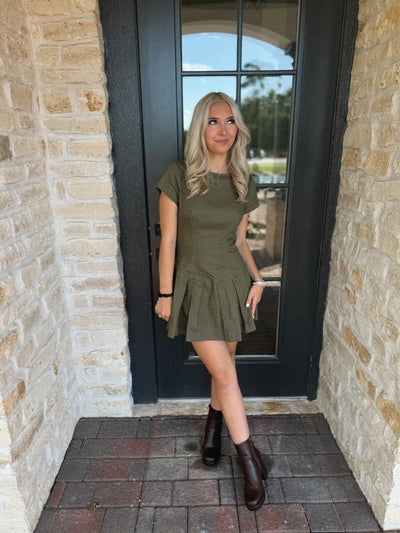 Olive Green Tie Back Denim Dress