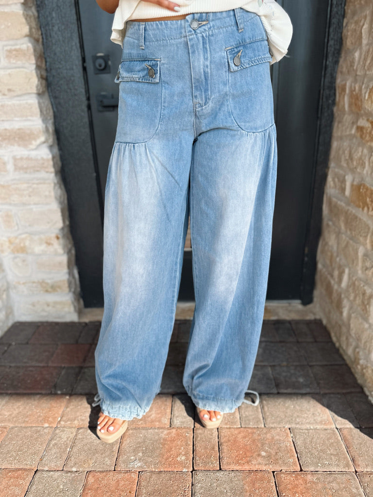 Ankle Drawstring Wide Denim Pants