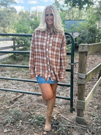 Rust Plaid Distressed Flannel
