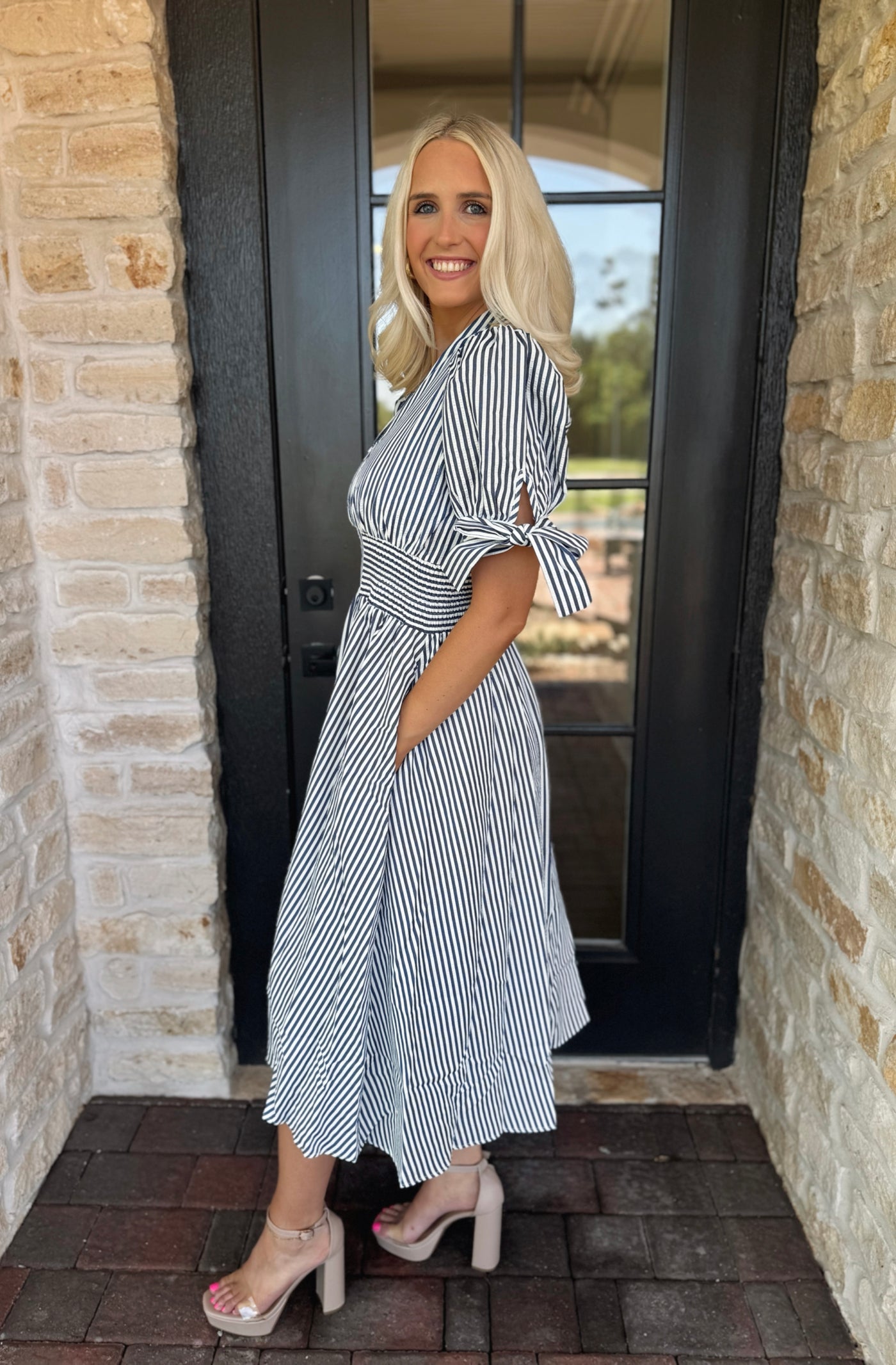 Navy Pin Striped Midi Dress