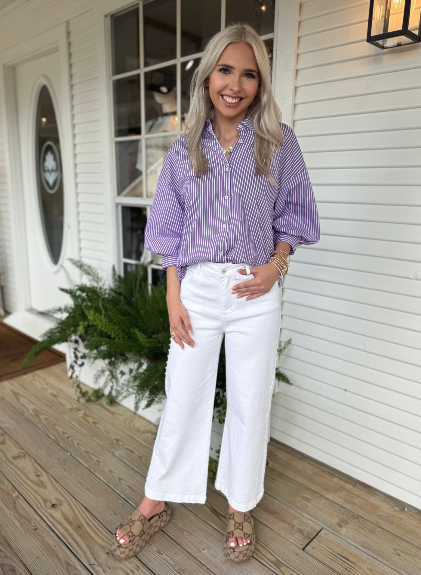 Purple Striped Balloon Sleeve Top