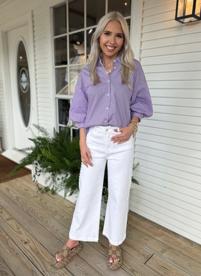 Purple Striped Balloon Sleeve Top