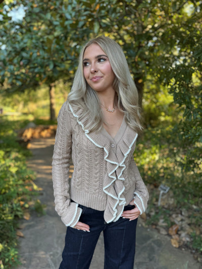 Cable Knit Ruffle Cardigan Sweater