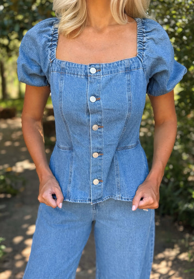 Denim Puff Sleeve Jumpsuit