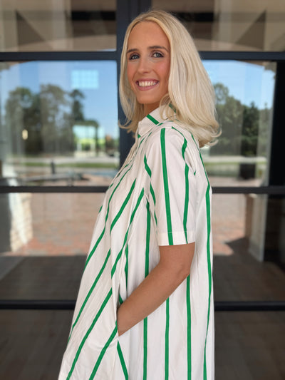 White Flare Dress - Green Stripes