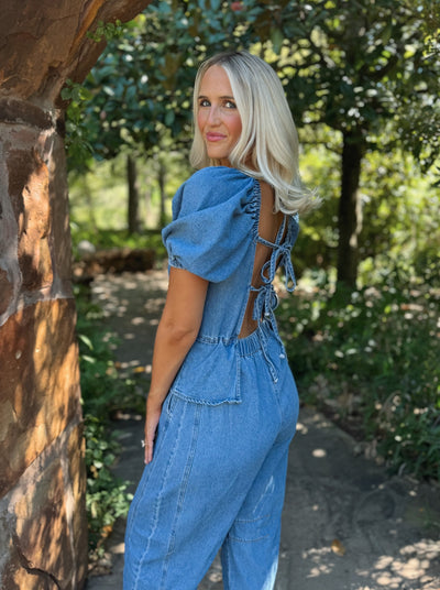 Denim Puff Sleeve Jumpsuit