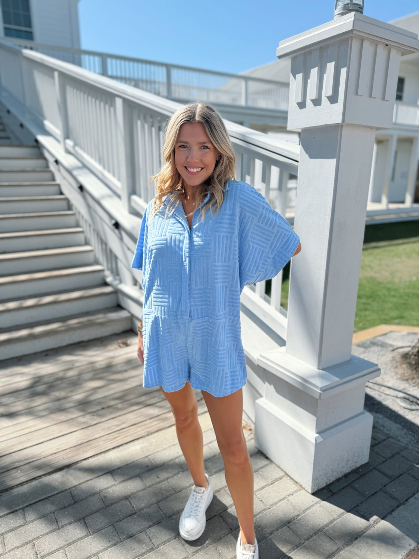 Blue Textured Terry Romper