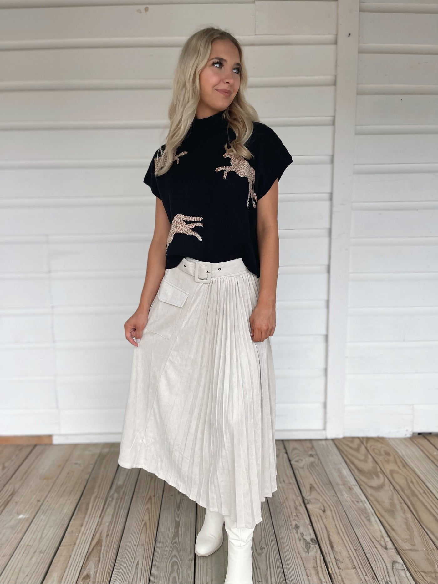 Cream Pleated Maxi Skirt