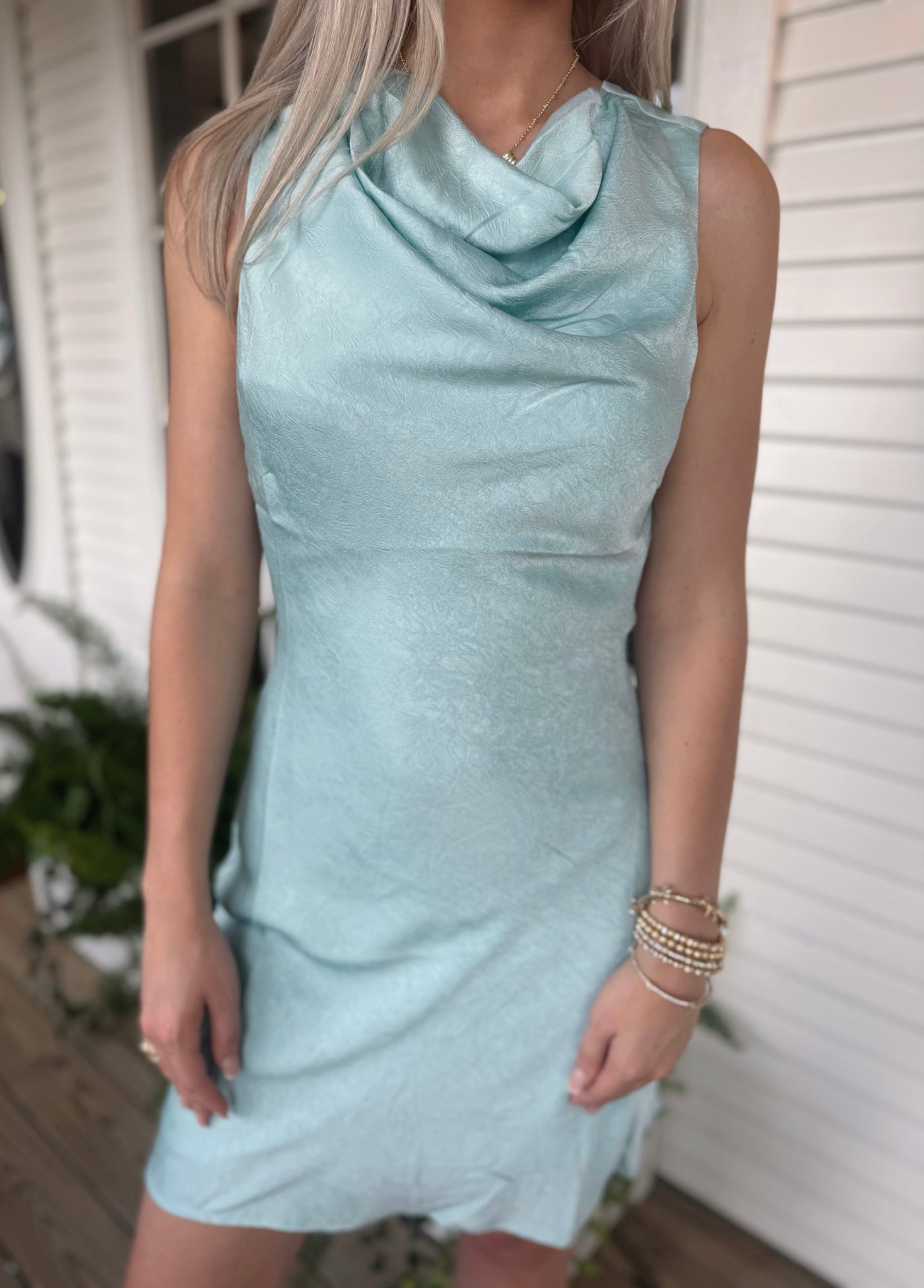 Satin Cowl Neck Mini Dress