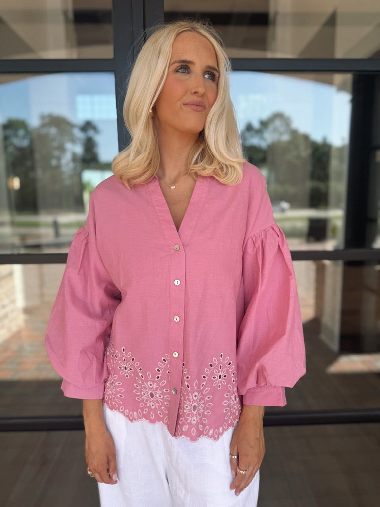 Pink eyelet top