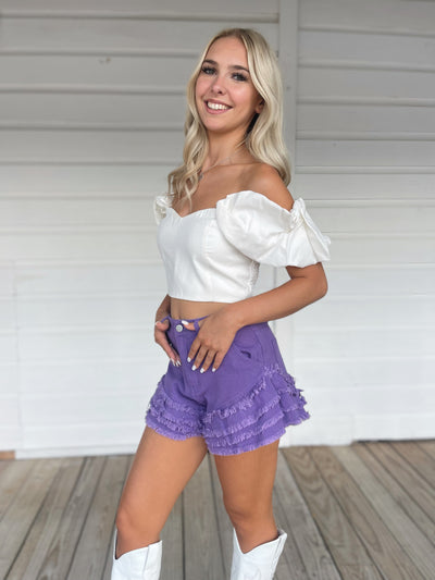 Purple Ruffle Denim Shorts