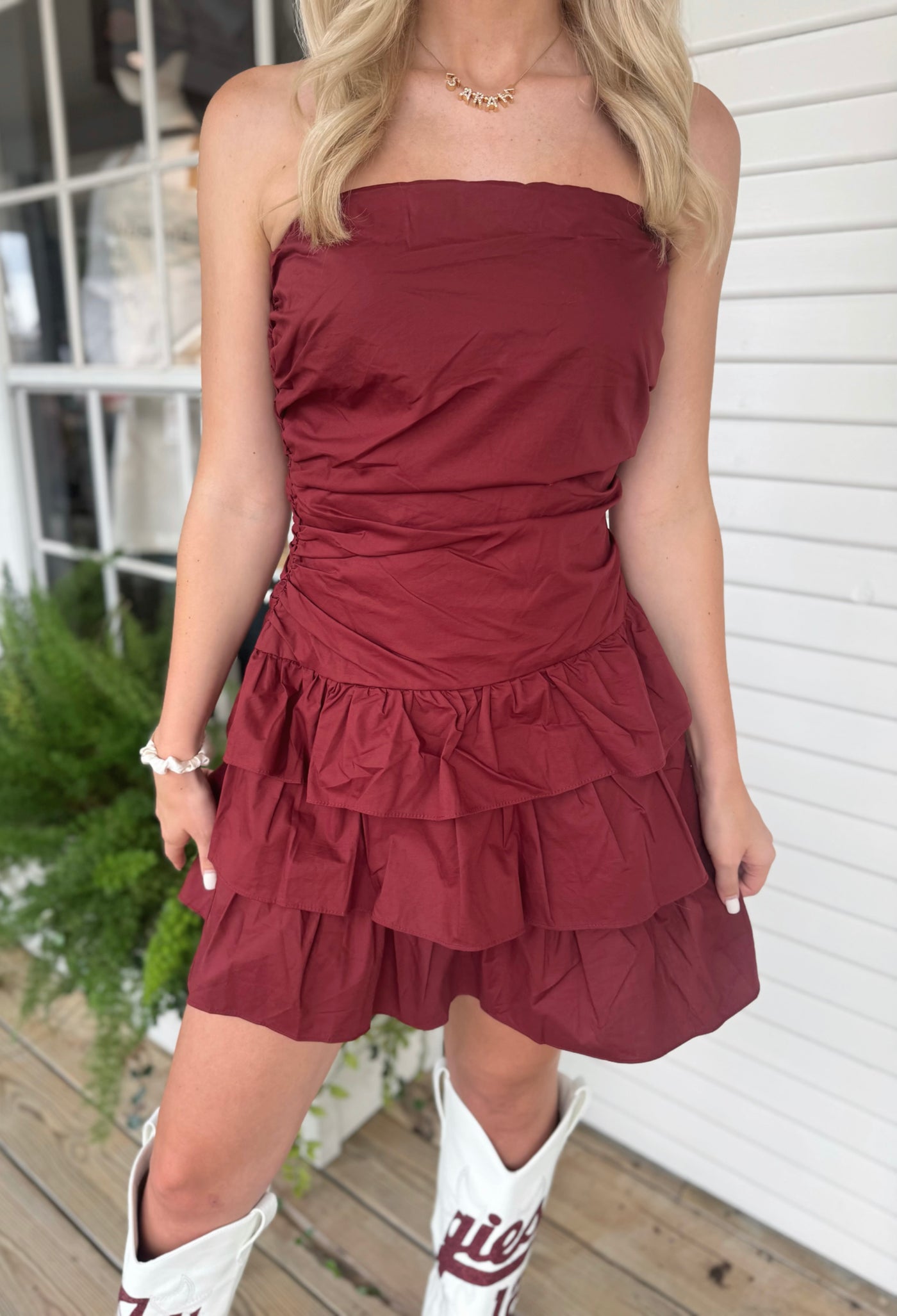 Maroon Ruffle Romper Dress