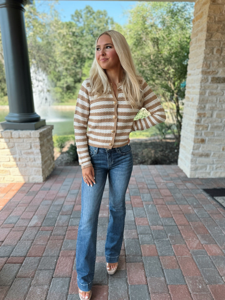 Striped Button Up Cardigan - Beige