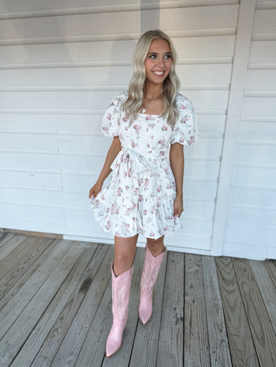 White Floral Puff Sleeve Dress