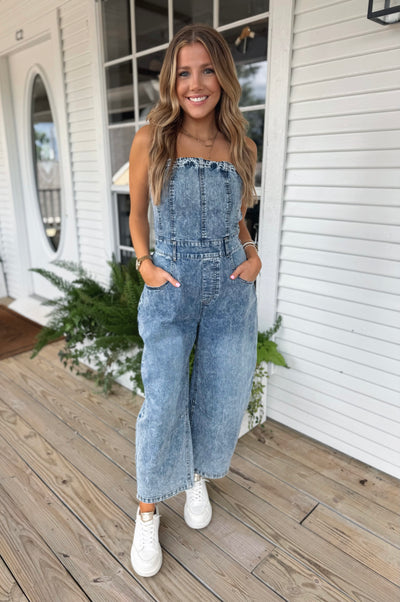 Denim Strapless Barrel Jumpsuit