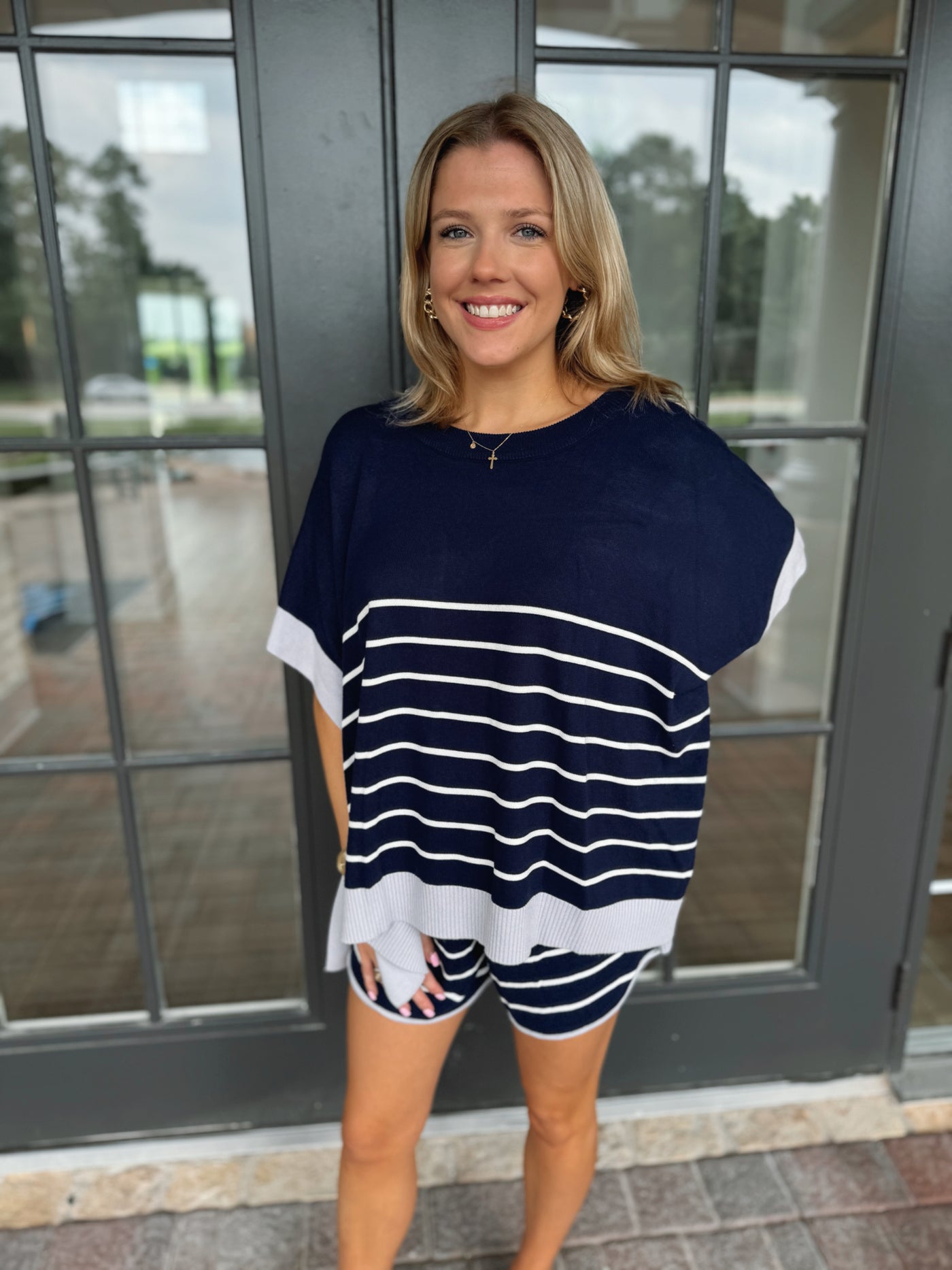 Navy Blue White Striped Top