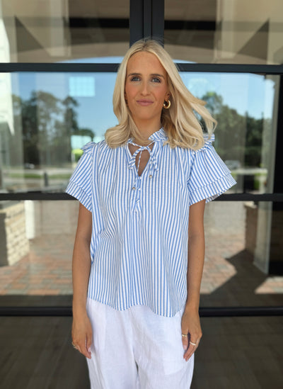 Blue Striped Ruffle Tie Top