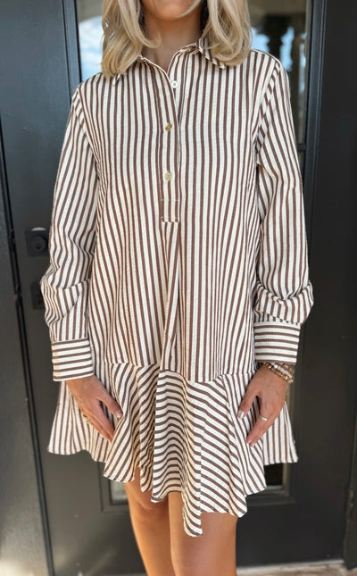 Brown and White Striped Shirt Dress