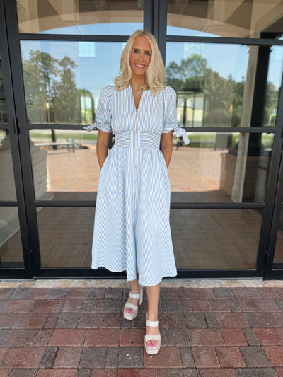 Blue Pin Striped Midi Dress