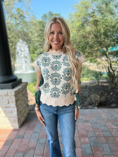 Ribbed Scalloped Flower Sweater - Hunter Green