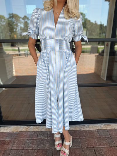 Blue Pin Striped Midi Dress
