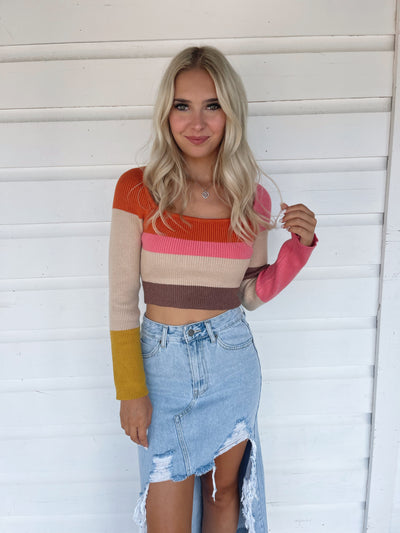 Color Block Striped Crop Sweated