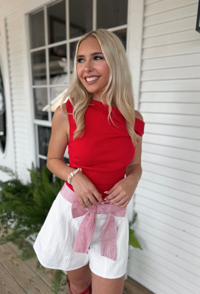White Shorts Red Waist Band