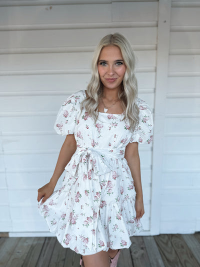 White Floral Puff Sleeve Dress