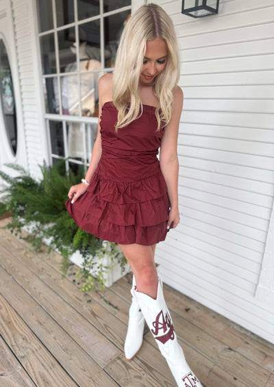 Maroon Ruffle Romper Dress