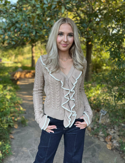 Cable Knit Ruffle Cardigan Sweater