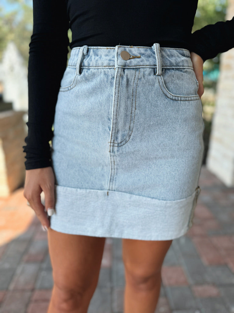 High Waisted Cuffed Denim Mini Skirt