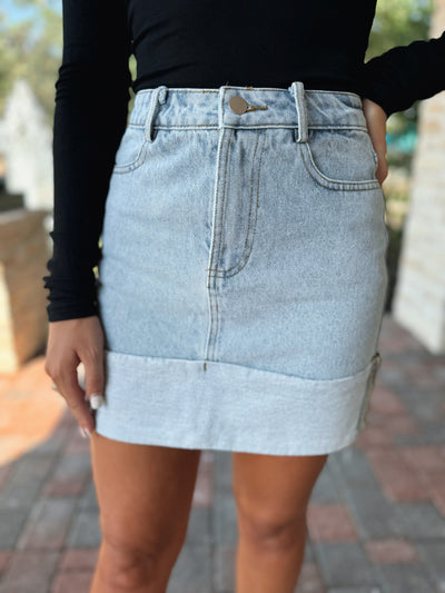 High Waisted Cuffed Denim Mini Skirt