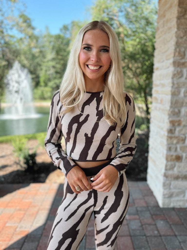 Brown Zebra Print Sweater Top