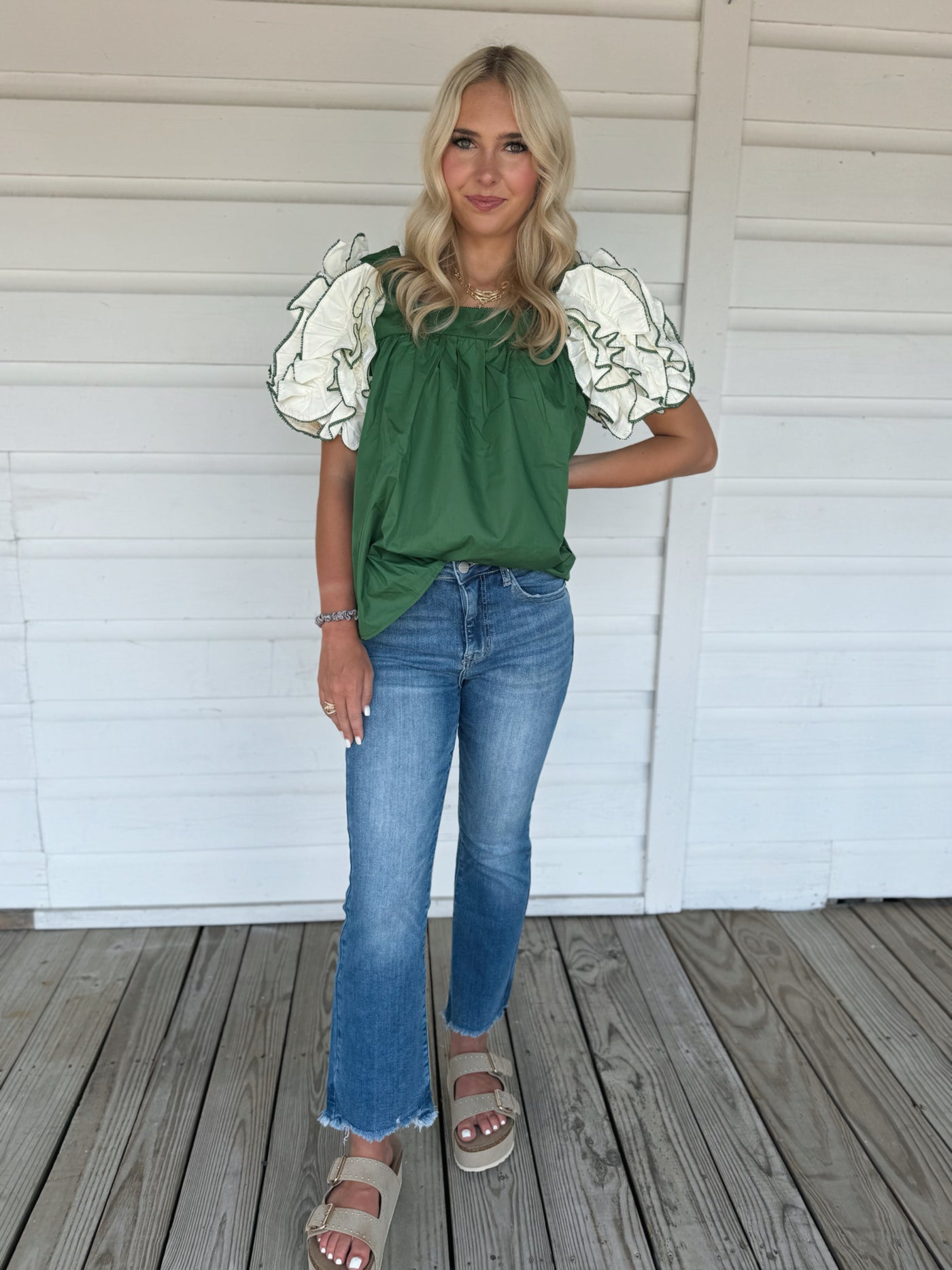 Green Ruffle Sleeve Top