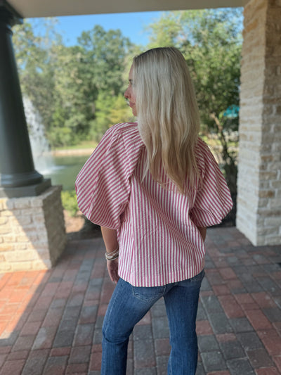 Striped Bubble Sleeve Button Up - Pink