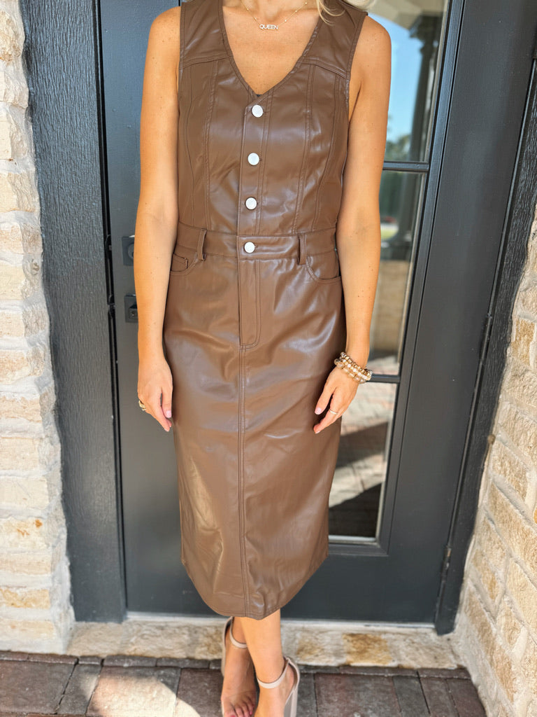 Brown Faux Leather MIDI Dress