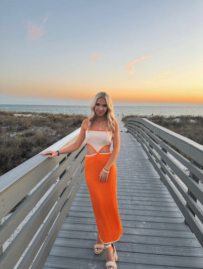 Orange Color Block Cut Out Dress