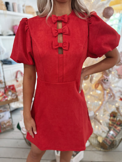 Red Suede Puff Sleeve Dress