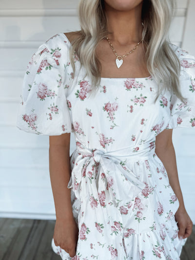 White Floral Puff Sleeve Dress