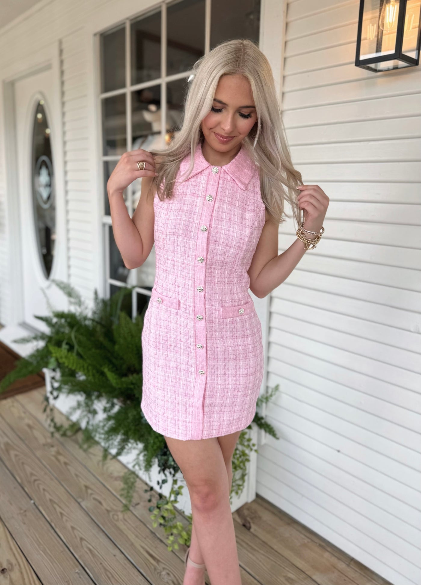 Pink Tweed Collared Dress