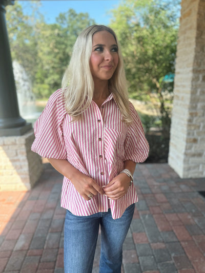 Striped Bubble Sleeve Button Up - Pink